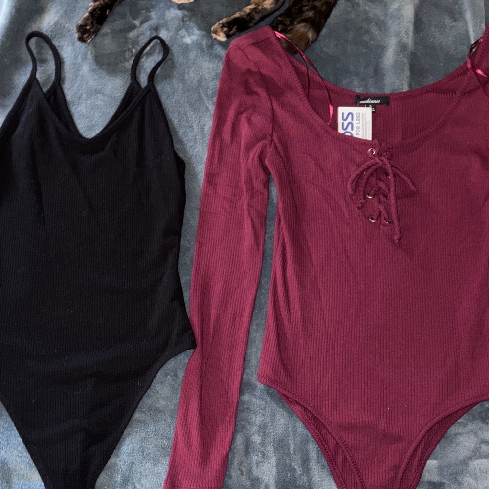 Women's Black and Burgundy Bodysuit Set